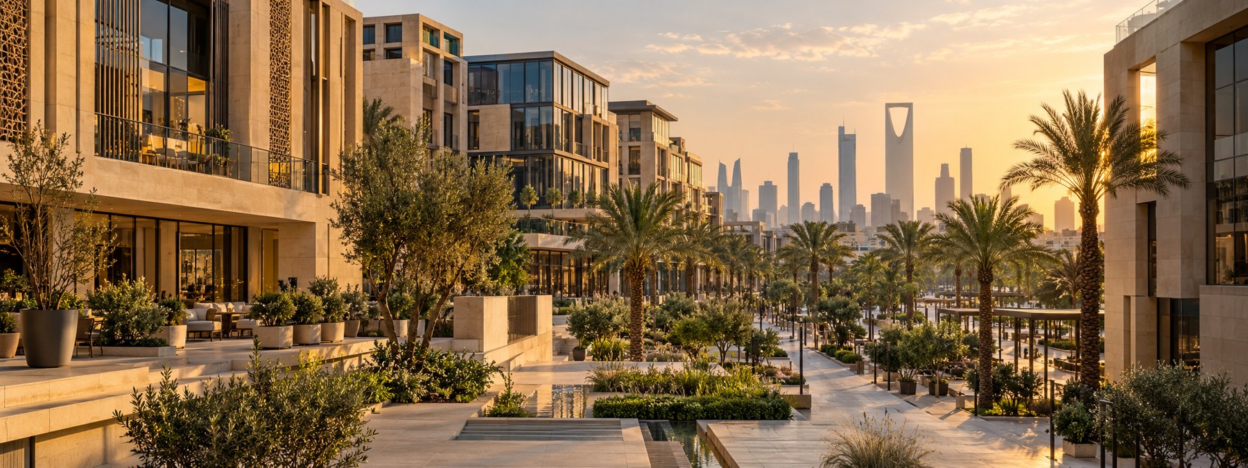 مشهد معماري توضيحي لمبانٍ حديثة ومساحات منسقة